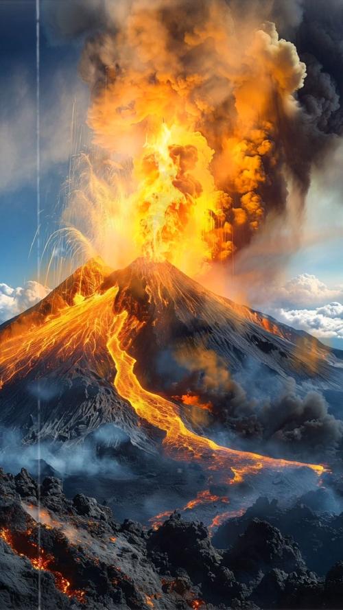 火山喷发的壮丽景象，熔岩流淌如火海